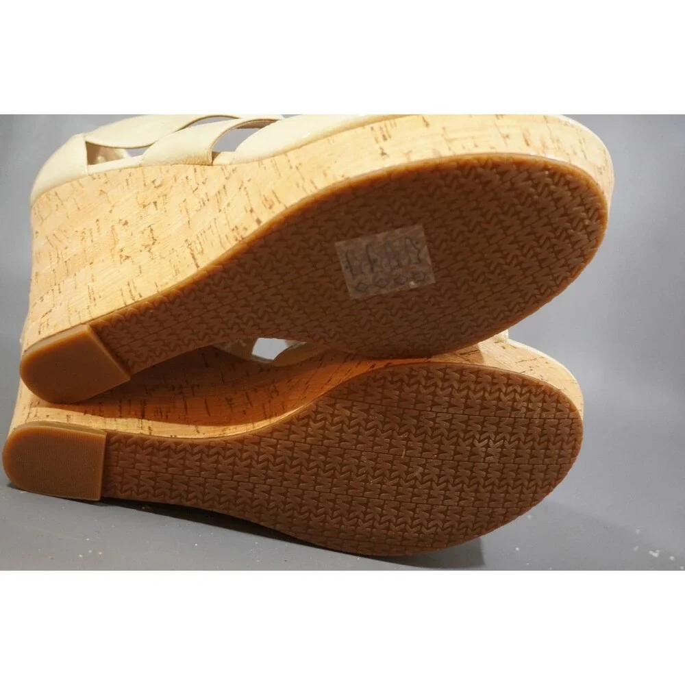 Michael Kors Damita 9.5M Tan Leather Cork Wedge Espadrille T-Strap Sandals Logo